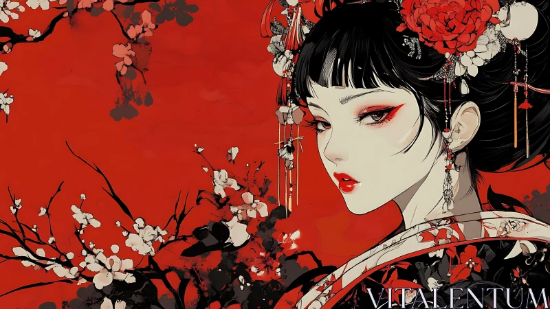 Portrait of stylized woman in kimono with red florals.