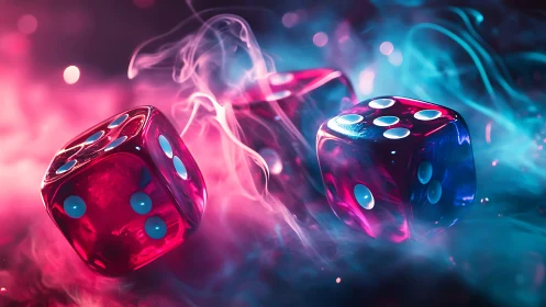 Neon dice drift through electric mist in chromatic twilight.