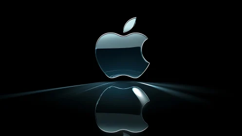 Glossy metallic apple emblem reflects over dark surface