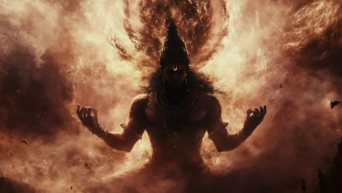 Mythic ascetic figure emerges from swirling incandescent vortex