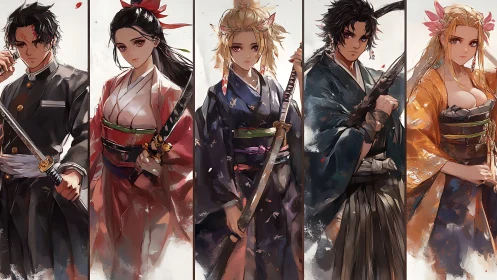 Samurai ensemble in vertical panels unifying dynamic anime portraiture