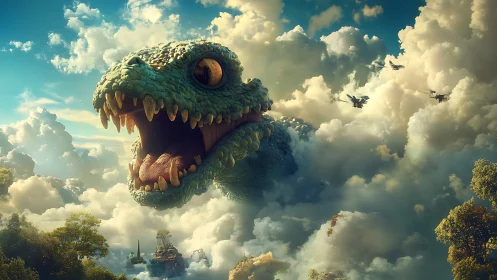 Colossal sky dragon bursts through clouds above floating isles