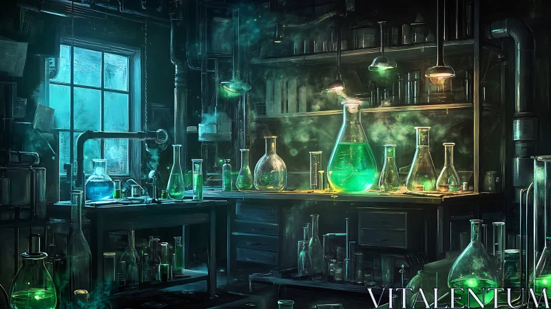 Moody laboratory with glowing green chemical flasks.