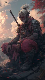 Weathered ronin resting on cliff at bloodred sunset.