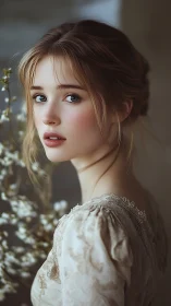 Digital painting portrait with soft bokeh and floral detailing.