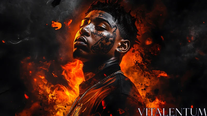 Tattooed figure rises from blazing fire in dramatic darkness