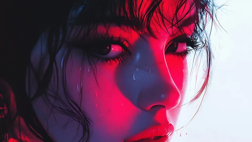 Neon-lit wet portrait isolates intense female gaze