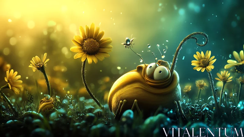 Playful garden snail sharing a glowing dawn moment with bee.