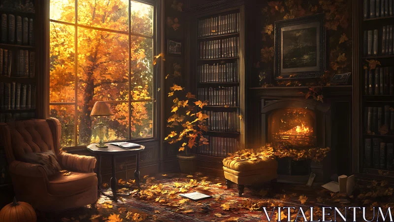 Autumn leaves filling a quiet reading room with fireplace.