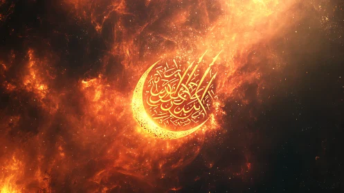 Incandescent Crescent Moon with Arabic Calligraphy Against Turbulent Fiery Nebula