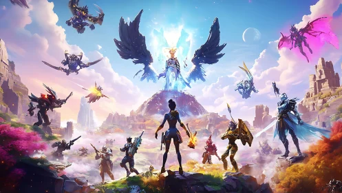 Skyforged heroes converge beneath radiant cyber seraphim.