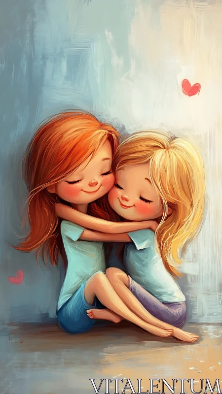 Two Women Embracing in Tender Moment with Heart Symbols.