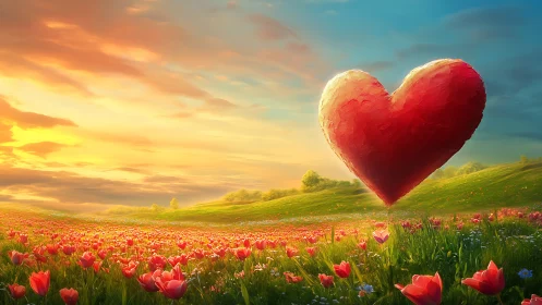 Colossal Heart Blooms Over Endless Tulip Fields at Golden Dusk