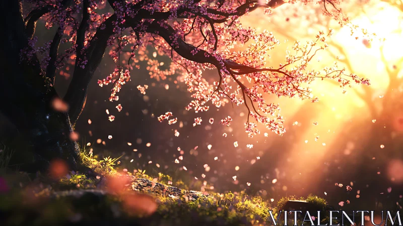 Backlit cherry blossom tree with drifting petals at sunset