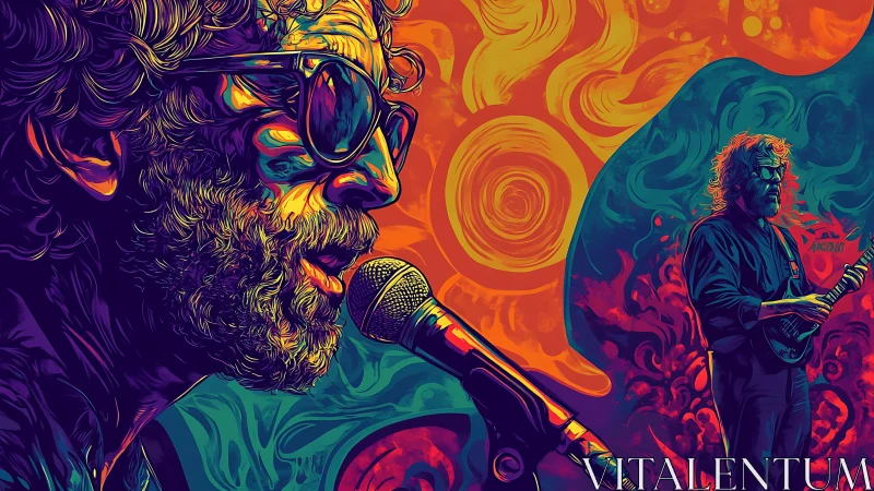 Psychedelic singer portrait with neon concert guitarist.