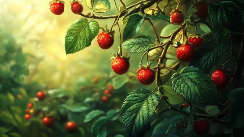 Sunlit wild strawberries in a softly glowing forest nook.