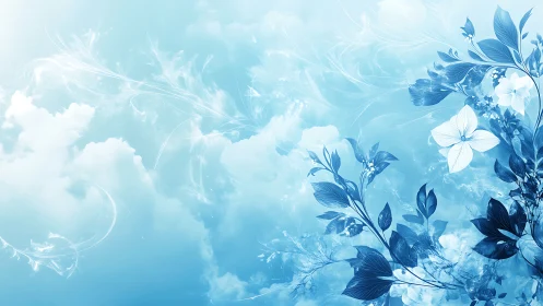 Ethereal blue florals drifting across luminous skyscape.