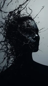 Dark inked silhouette unravels into swirling liquid thoughts.
