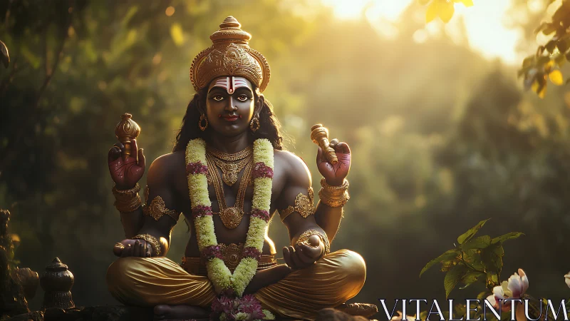 Photorealistic Hindu deity statue in golden forest light.