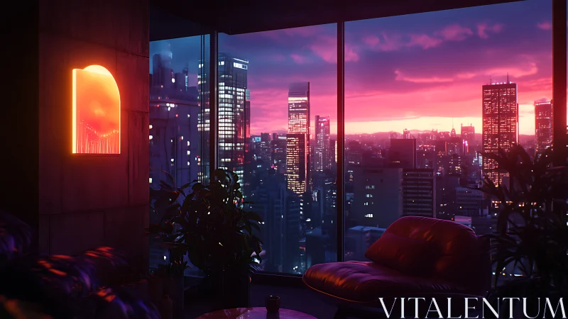 High-rise interior with city skyline at sunset viewed inside.