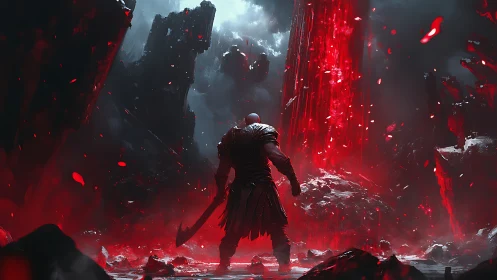 Armored warrior facing red crystalline pillars in chasm.