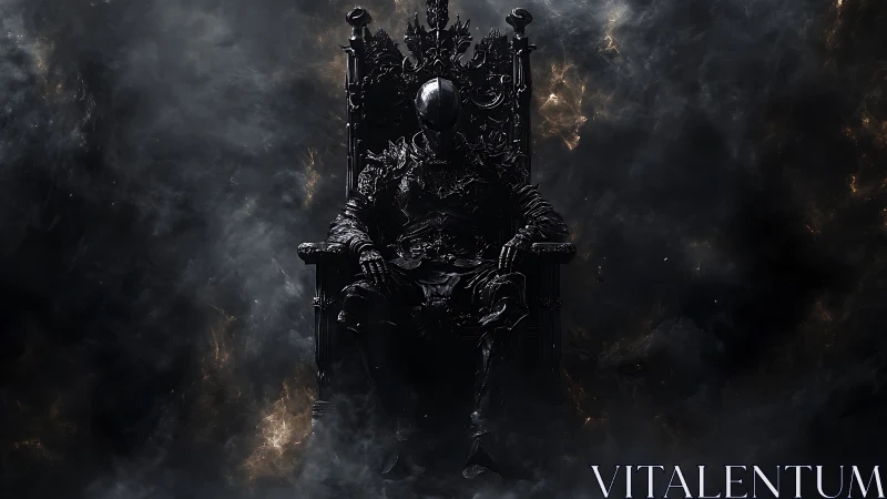 Dark armored sovereign seated in baroque throne of smoke.