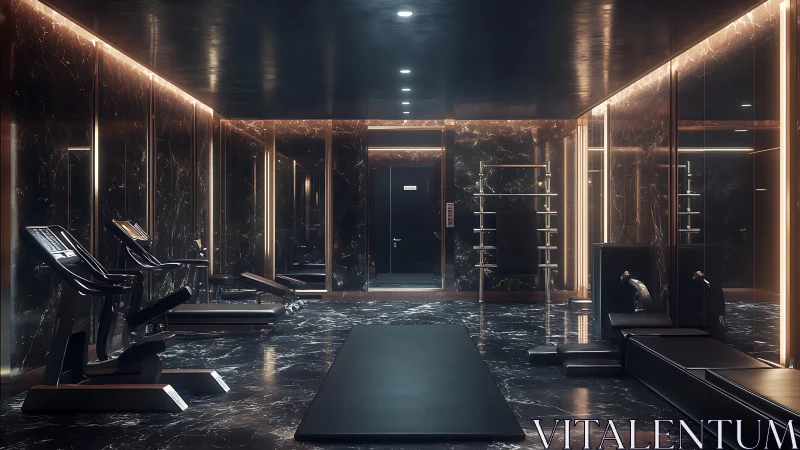 Sleek mirrored luxury gym in dramatic noir lighting.