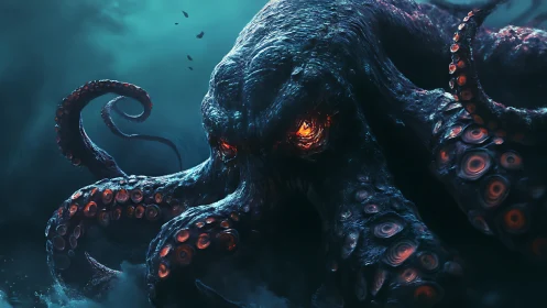 Leviathan octopus emerging with fiery eyes from abyssal dark.