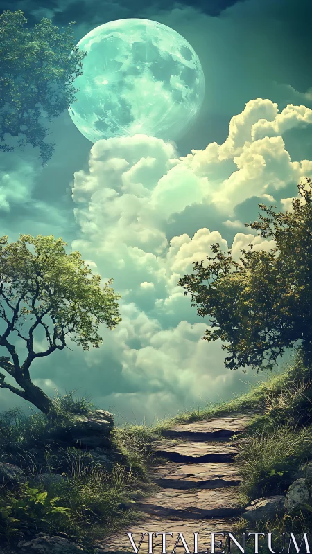 Moonlit stone path ascending through luminous cloudscape.