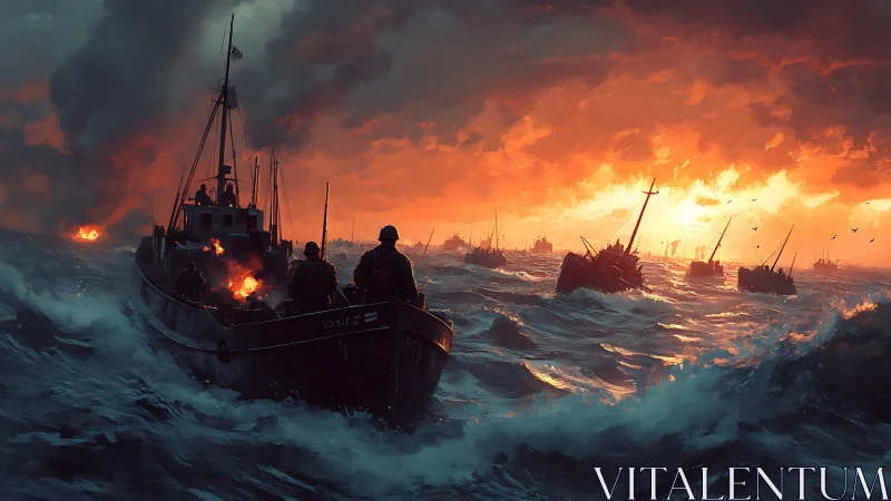 Digital war seascape with dramatic sunset and flotilla formation.
