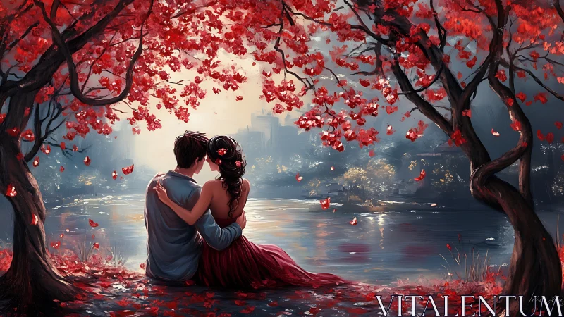 Luminescent Romance Beneath Crimson Canopy: Ethereal Digital Composition.