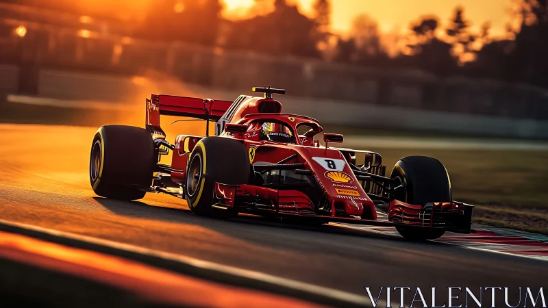 Sunlit Formula car cornering with high-downforce aero package