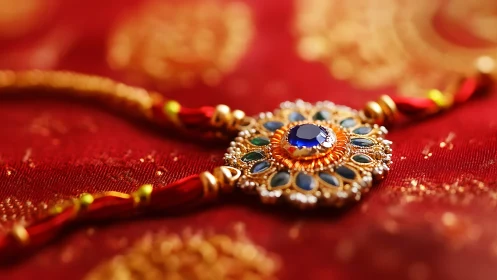 Sparkling rakhi jewel rests softly on rich red silk