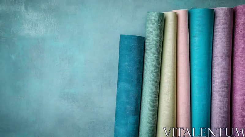 Pastel textured vinyl wallpaper rolls on teal plaster wall