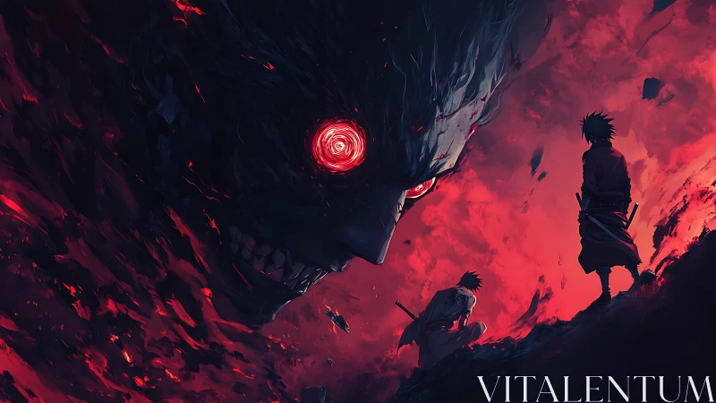 Samurai duel against colossal demonic vortex entity under blood sky