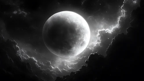 Luminous moon sphere centered in dark, clouded night sky
