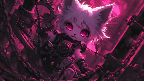 Cybernetic catgirl suspended in neon chain-filled void.