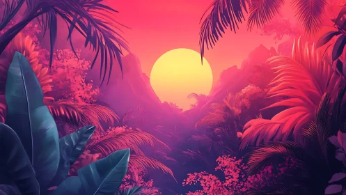 Neon tropical sunset bathes lush jungle valley in dreamlike glow