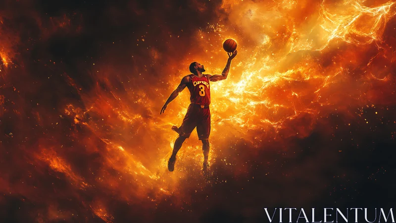 Basketball player in midair against fiery abstract backdrop.