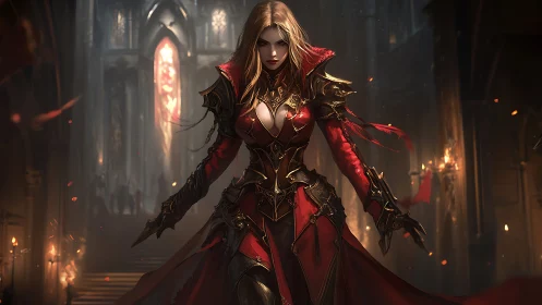 Crimson warlock queen advancing through a burning gothic hall.