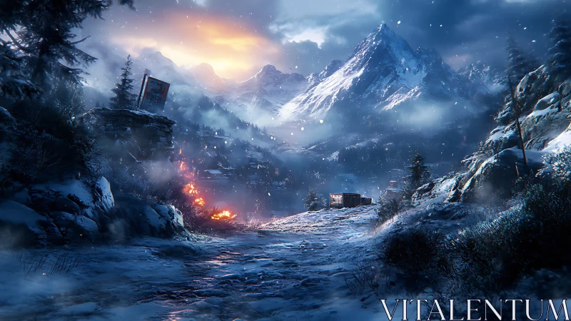 Snowy mountain valley glowing with quiet ember lights.