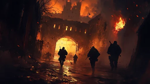 Firelit siege run through a crumbling city gate at dusk.