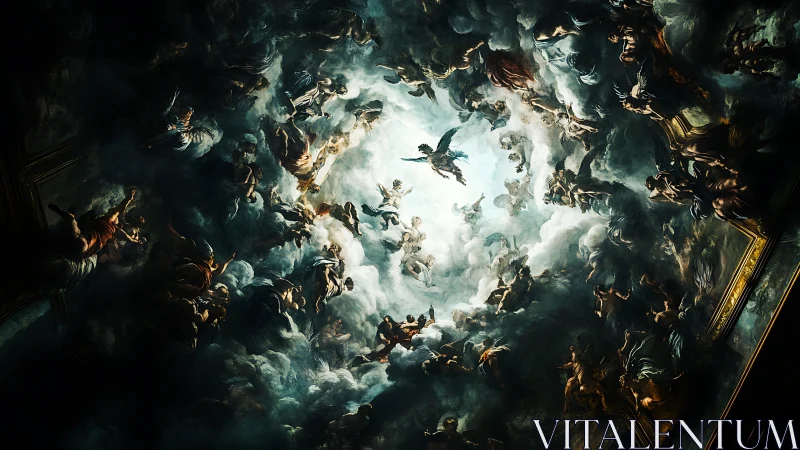 Baroque celestial ceiling swirls with mythic divine figures.