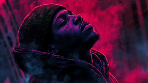 Neon-lit portrait captures upward gaze in electric haze.