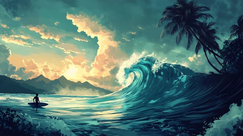 Sunset swell ignites a lone surfer’s dreamlike horizon.