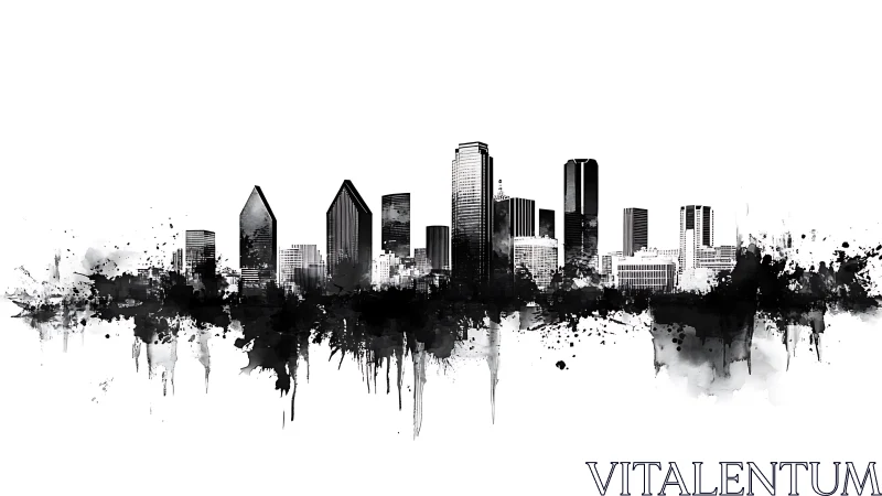 Monochrome city skyline is rendered with ink-like splatter edges