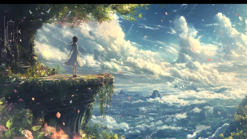 Wind-tossed dreamer leans into a sky stitched with distant worlds