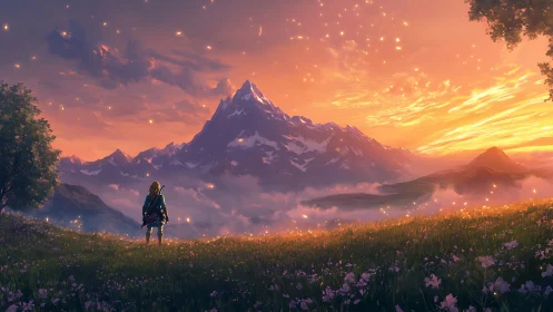 Twilight sparks crown a lone wanderer before dreaming peaks