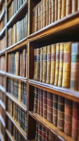 Shelves of leather bound books in a traditional library.