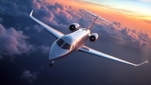 Sleek private jet glides gracefully across a glowing sunset sky
